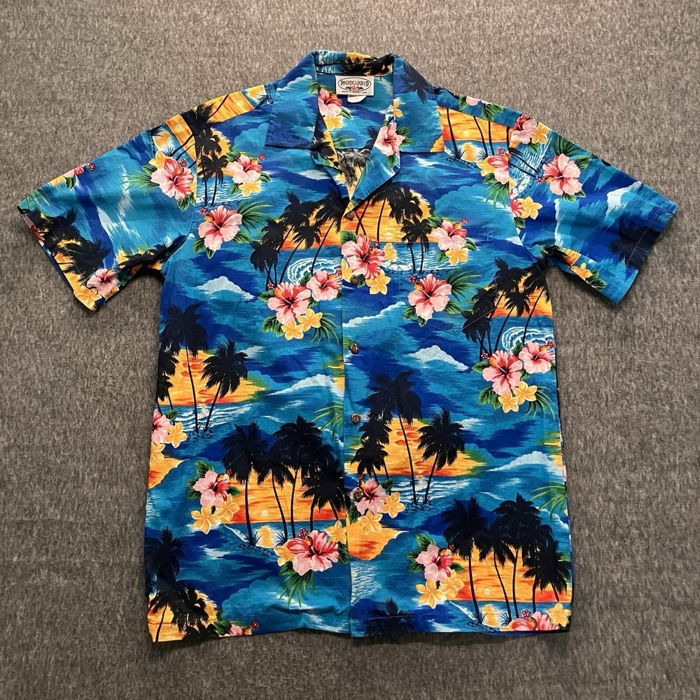 Pacific Legend Mens Medium Hawaiian Shirt Blue Short Sleeve Button Up Floral